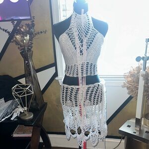 Fashion Nova White Crochet Halter Swim Cover-Up Set